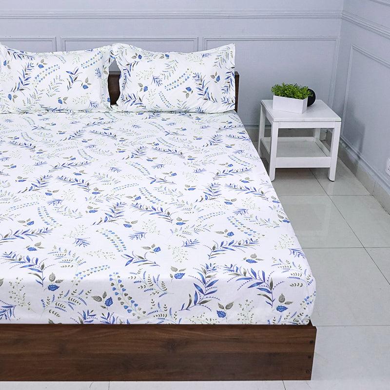 Buy Bijul Floral Bedsheet - White & Blue Bedsheets from Vaaree