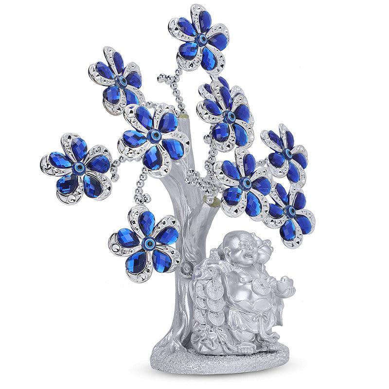 Buy Laughing Buddha Tree Of Life Showpiece - Blue & Silver Showpieces from Vaaree