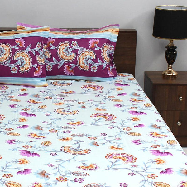 Bedsheets - Siya Floral Bedsheet - Violet & Light Blue