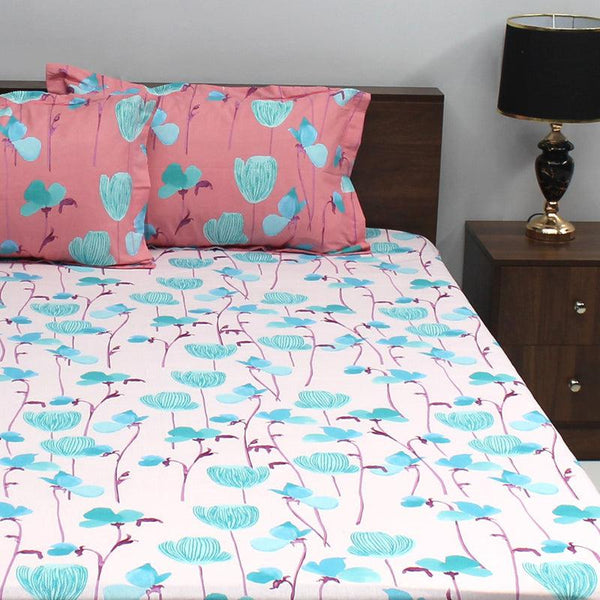 Bedsheets - Prisha Floral Bedsheet - Pink & Blue