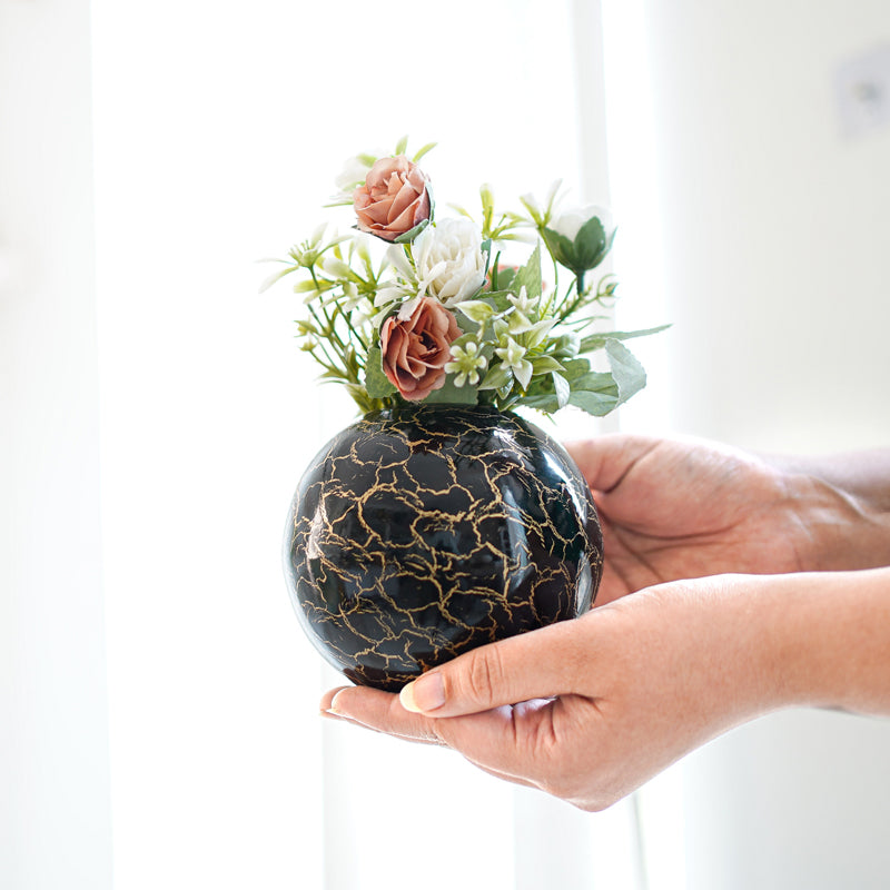 Vase - Manva Crackled Ball Vase (Black) - Small