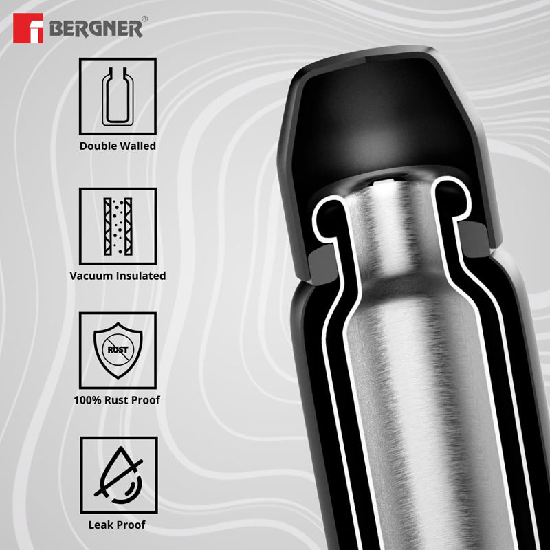 Flask - Bergner Walking Thermosteel Hot and Cold Flask (Black) -350 ML