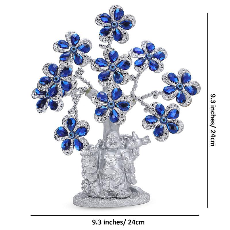 Buy Laughing Buddha Tree Of Life Showpiece - Blue & Silver Showpieces from Vaaree