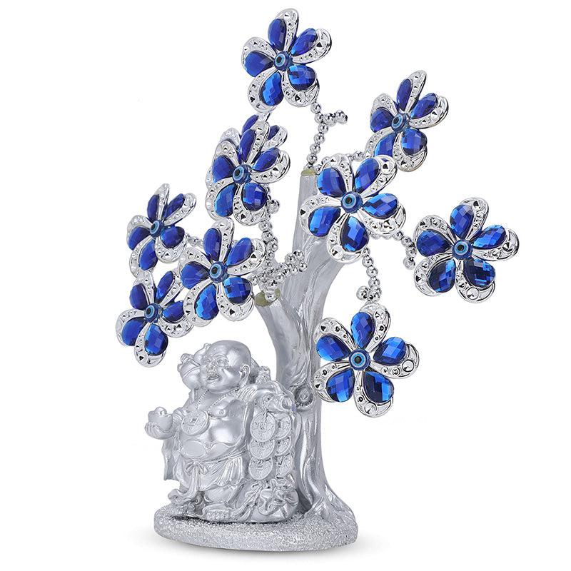 Buy Laughing Buddha Tree Of Life Showpiece - Blue & Silver Showpieces from Vaaree