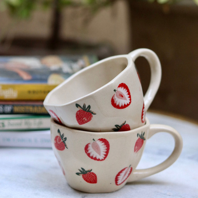 Buy Strawberry Heart Ceramic Cup (200 ML) - Set of Two Mug & Tea Cup from Vaaree