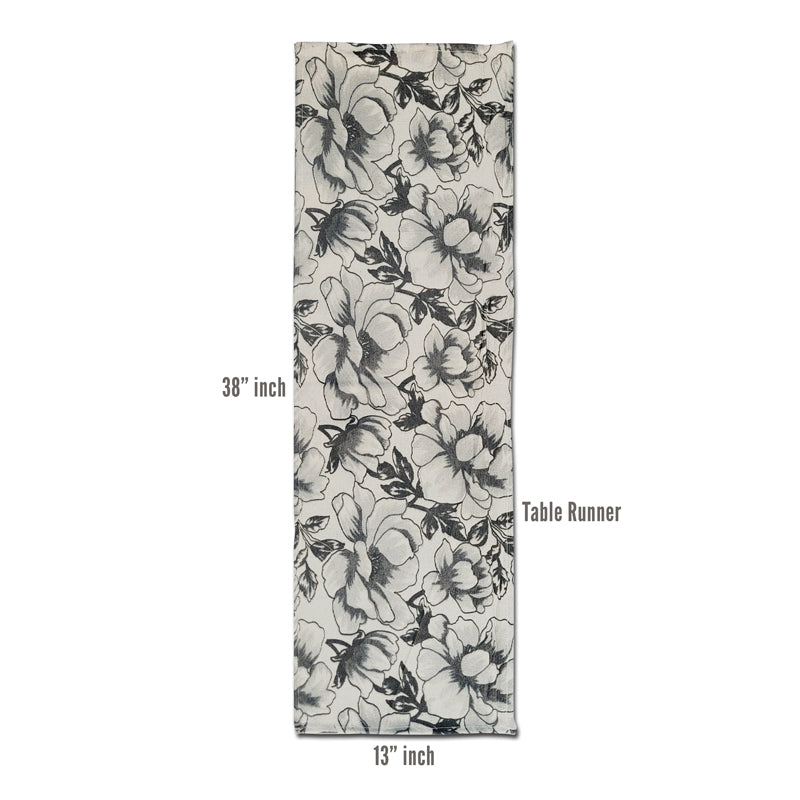 Kitchen Set - Peony Bloom Placemat And Runner (Black & White) - Seven Piece Set