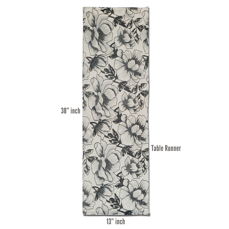 Kitchen Set - Peony Bloom Placemat And Runner (Black & White) - Nine Piece Set