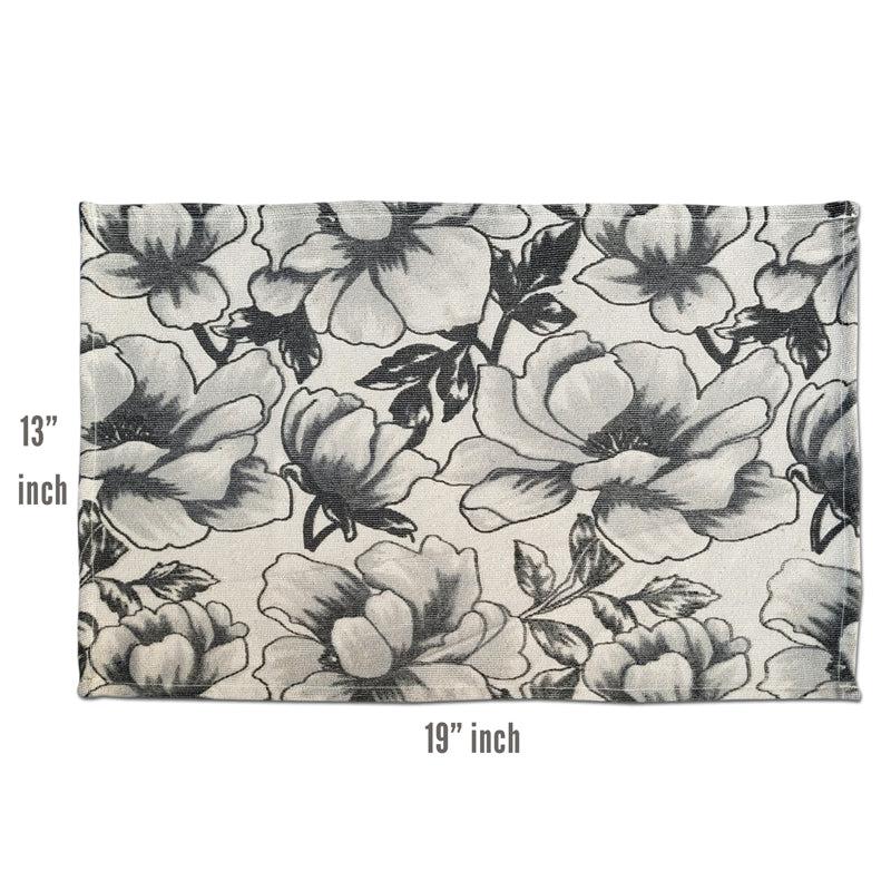 Kitchen Set - Peony Bloom Placemat And Runner (Black & White) - Seven Piece Set