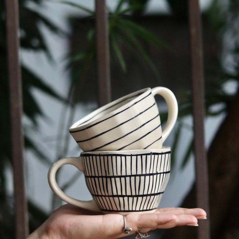 Buy Jury Stripe Ceramic Cup (220 ML) - Set of Two Mug & Tea Cup from Vaaree