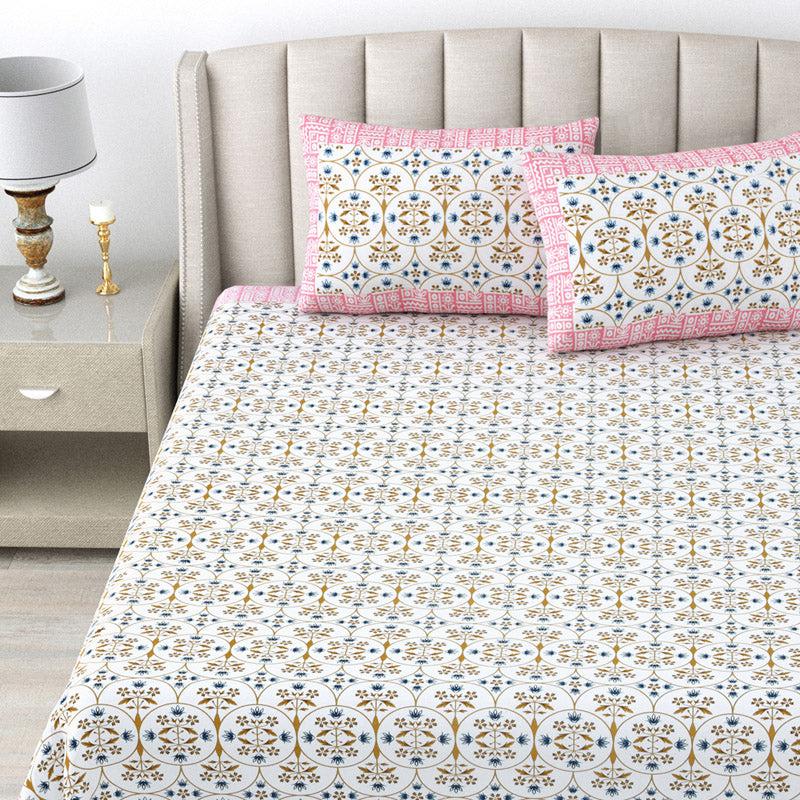 Buy Sukie Ethnic Bedsheet - White & Pink Bedsheets from Vaaree