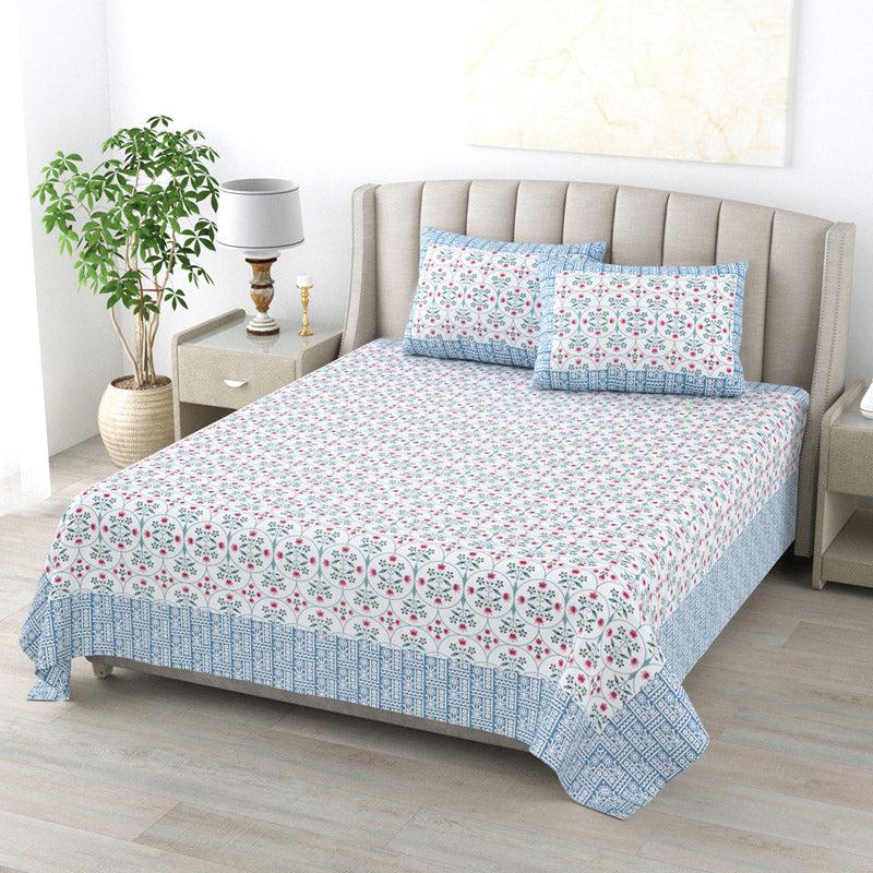 Buy Sukie Ethnic Bedsheet - White & Blue Bedsheets from Vaaree