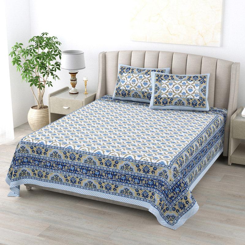 Buy Sopheli Ethnic Bedsheet - White & Blue Bedsheets from Vaaree