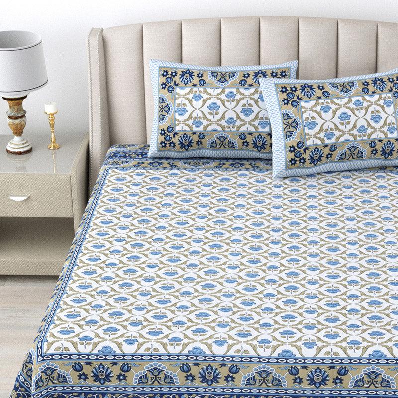 Buy Sopheli Ethnic Bedsheet - White & Blue Bedsheets from Vaaree