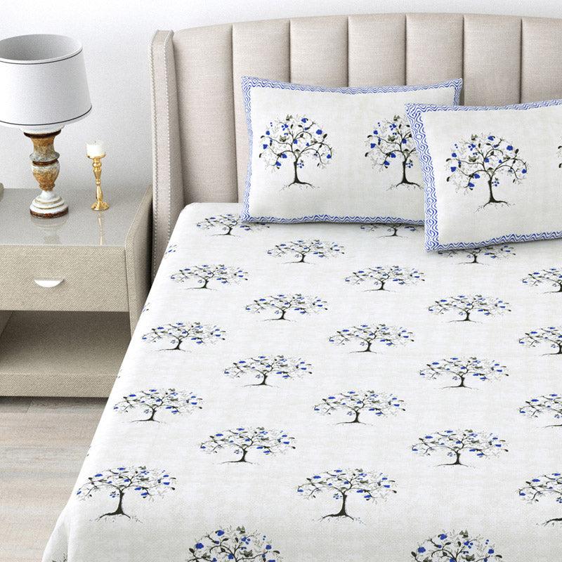 Buy Serenity Orchard Bedsheet - Ivory & Blue Bedsheets from Vaaree