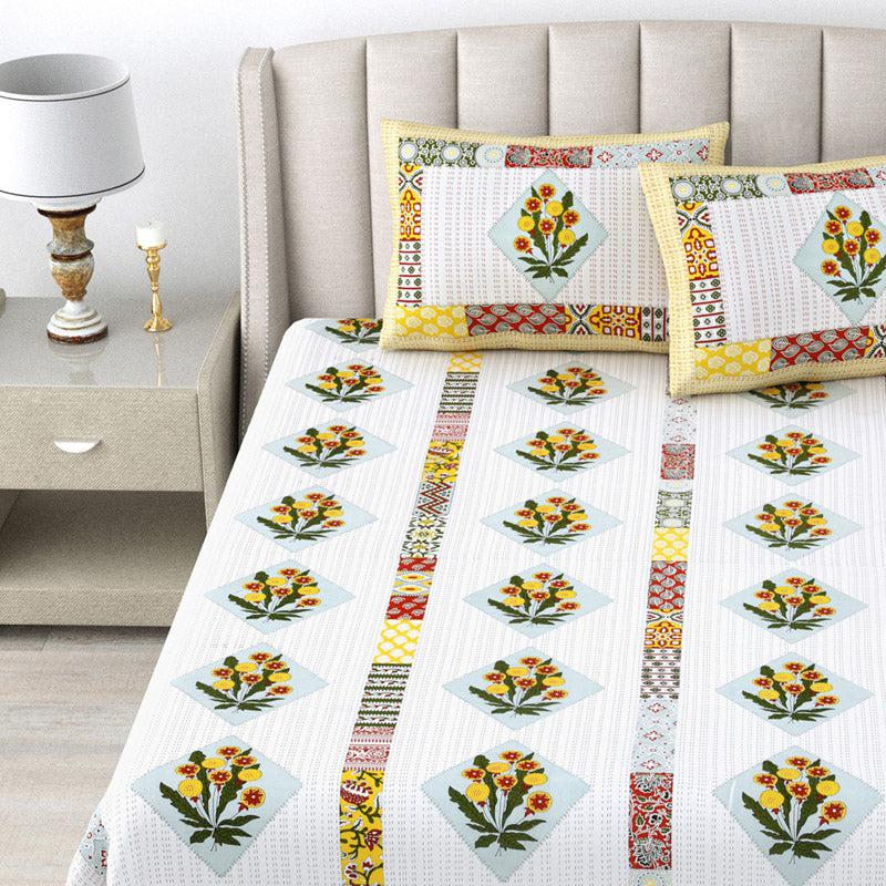 Buy Jaliz Floral Bedsheet - White & Yellow Bedsheets from Vaaree