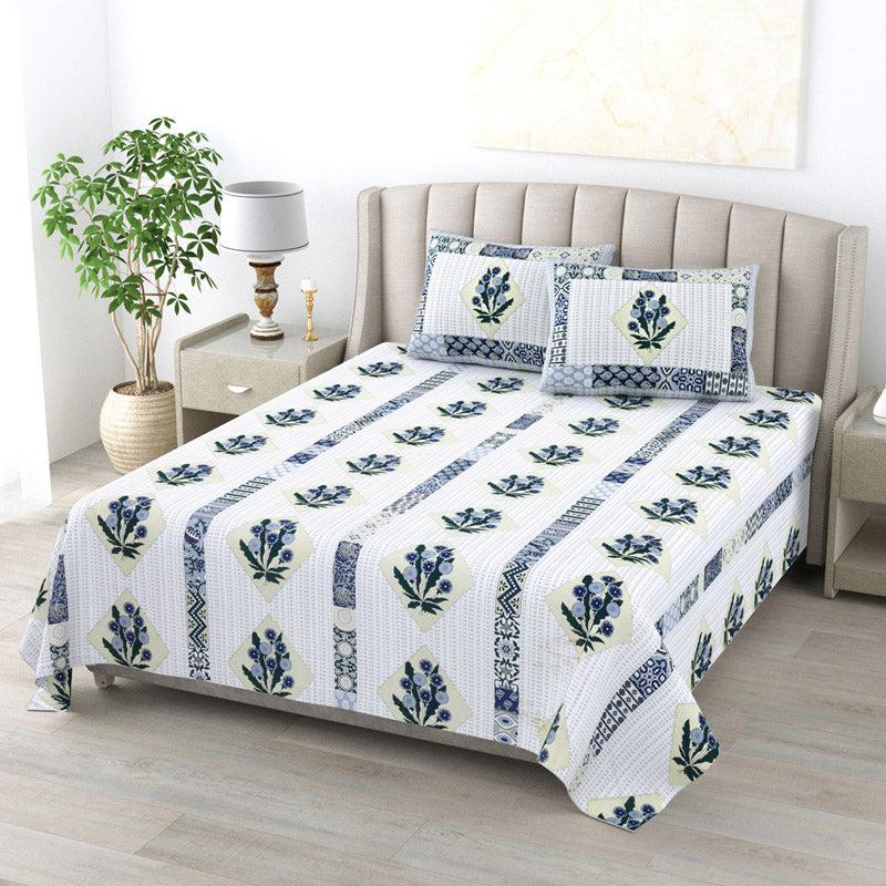 Buy Jaliz Floral Bedsheet - White & Blue Bedsheets from Vaaree