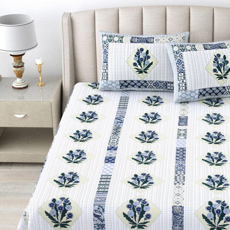 Buy Jaliz Floral Bedsheet - White & Blue Bedsheets from Vaaree