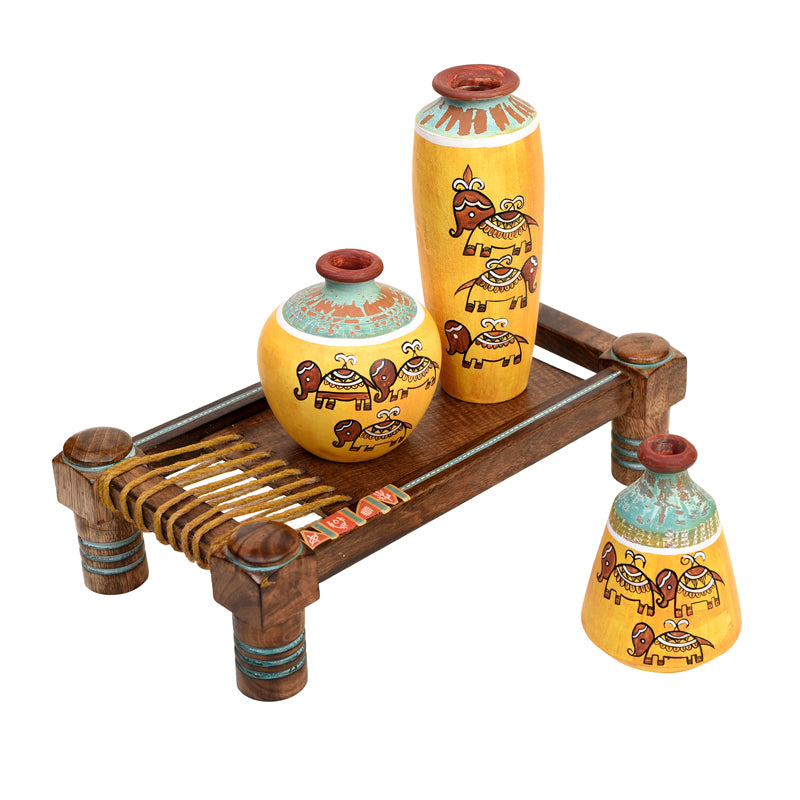 Vase - Happy Elephant Yellow Tribal Vase With Charpai Stand - Four Piece Set