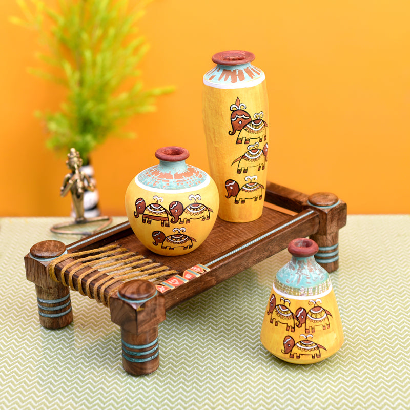 Vase - Happy Elephant Yellow Tribal Vase With Charpai Stand - Four Piece Set