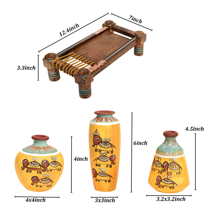 Buy Happy Elephant Yellow Tribal Vase With Charpai Stand - Four Piece Set Vase from Vaaree