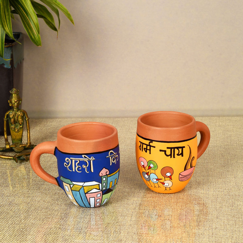 Mug & Tea Cup - Urban Chai Handpainted Earthan Cup (175 ML) - Set Of Two