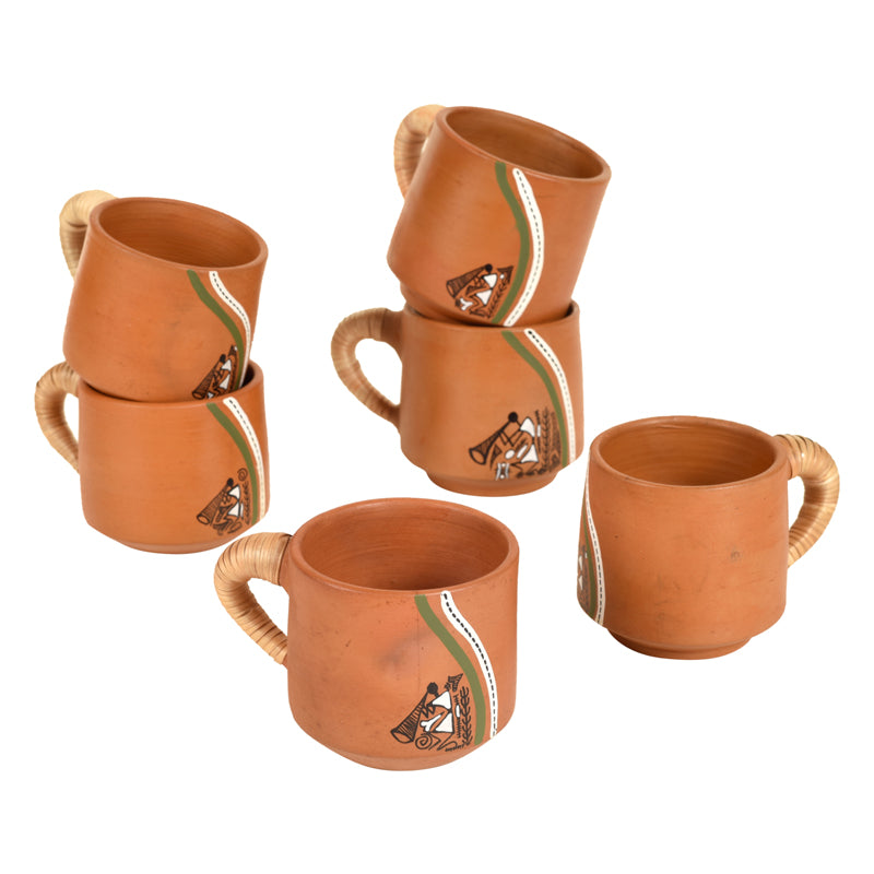 Mug & Tea Cup - Tribal Sip Cup With Caned Handle (150 ML) - Sett Of Six