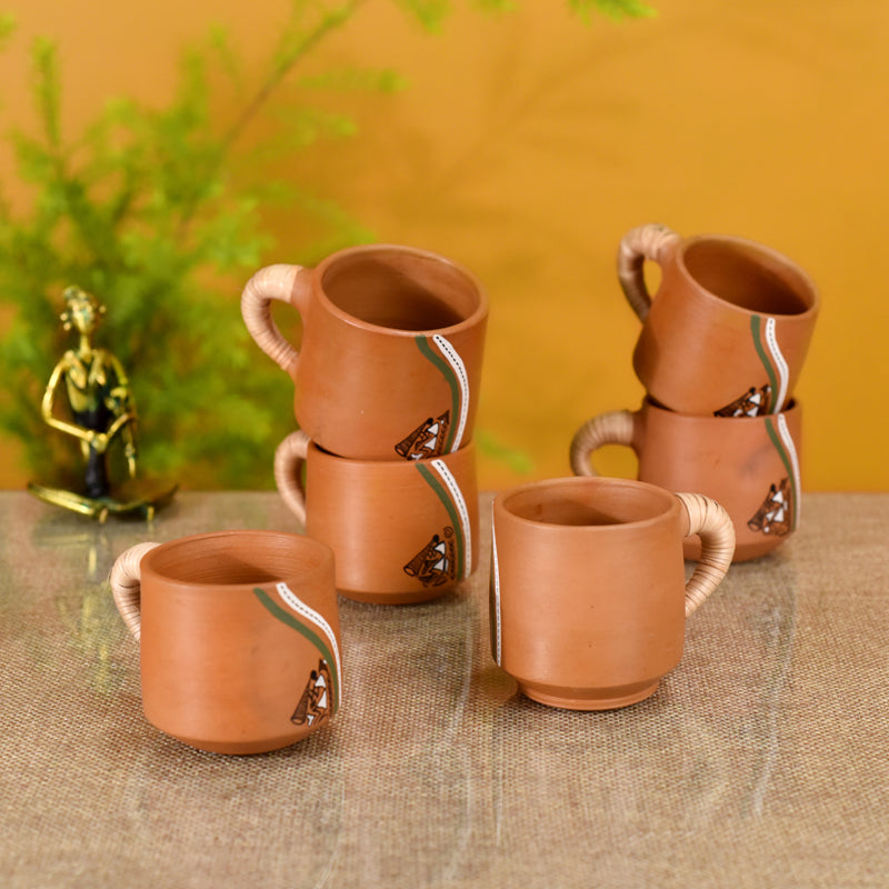 Mug & Tea Cup - Tribal Sip Cup With Caned Handle (150 ML) - Sett Of Six