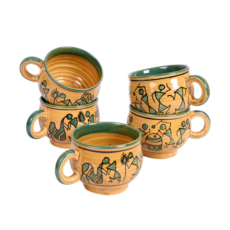 Mug & Tea Cup - Warli Rejoice Ceramic Cup (150 ML) - Set Of Six