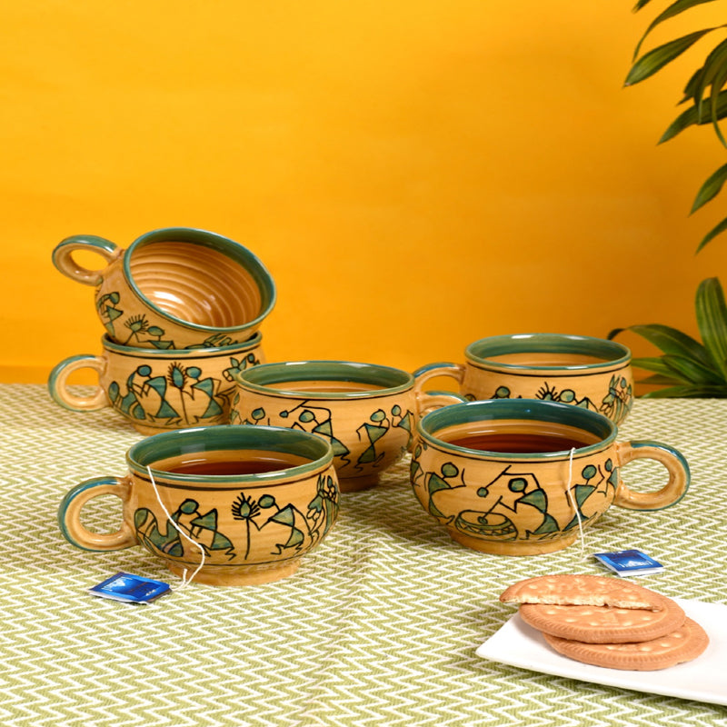 Mug & Tea Cup - Warli Rejoice Ceramic Cup (150 ML) - Set Of Six