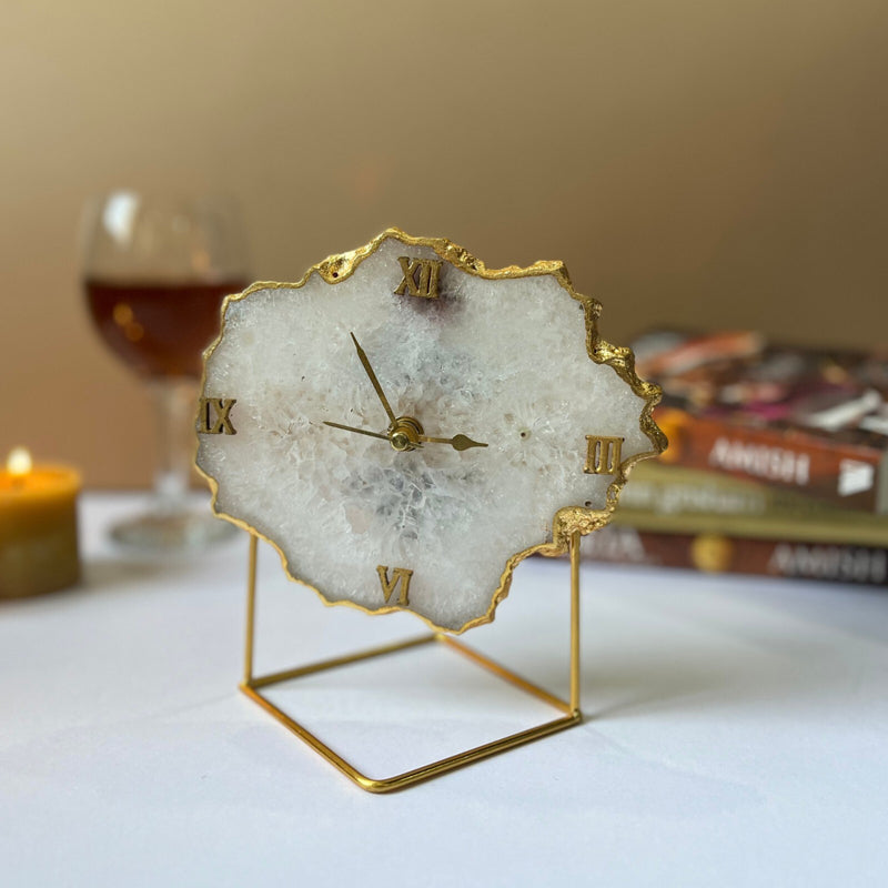 Table Clock - Silvi Handcrafted Agate Table Clock - White