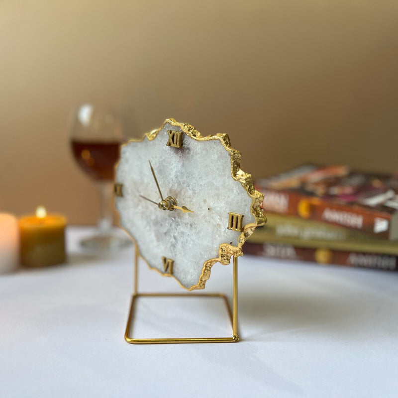 Table Clock - Silvi Handcrafted Agate Table Clock - White