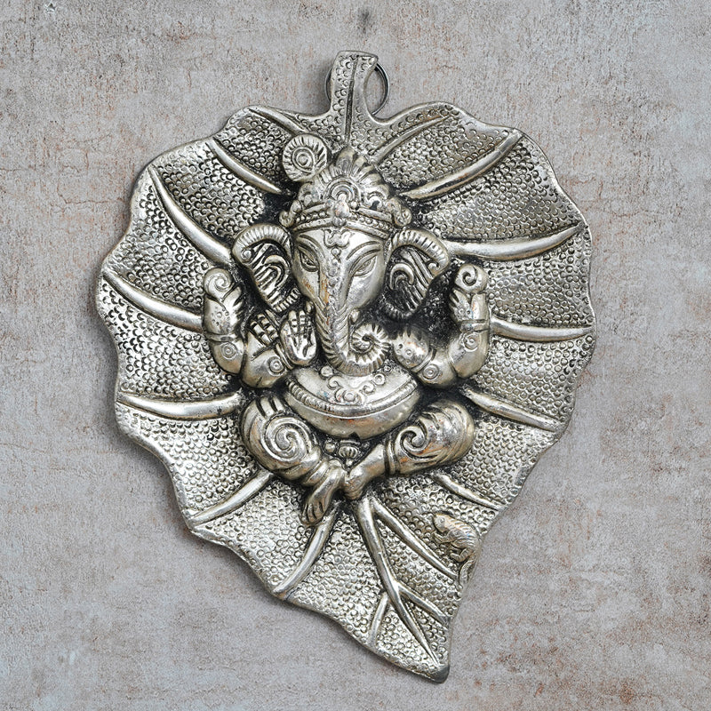 Wall Accents - Lord Ganesh On Silver Leaf Religious Wall Accent