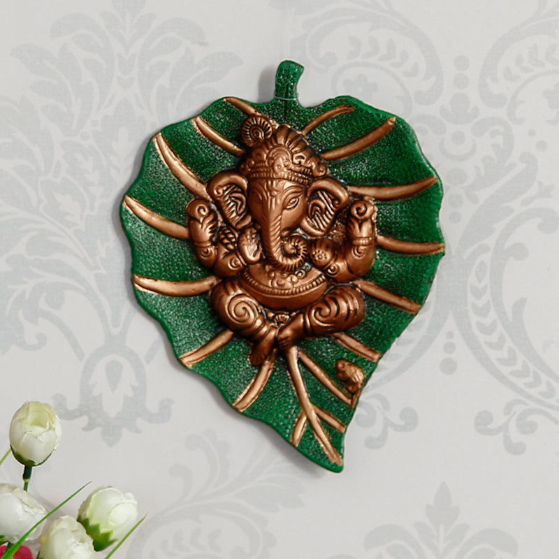 Wall Accents - Ganesha On Green Leaf Religious Wall Accent