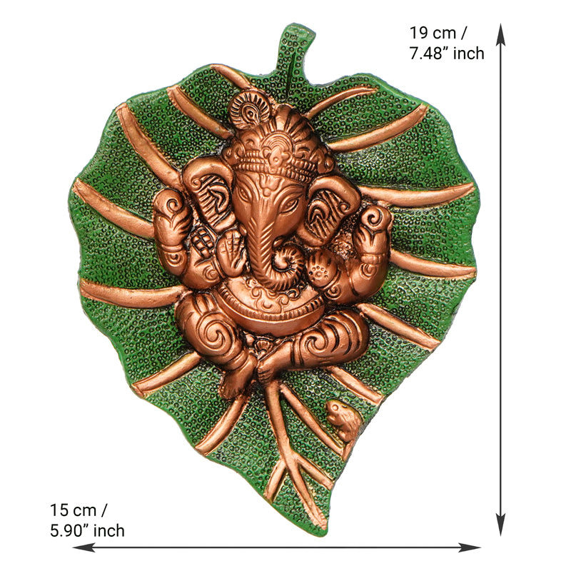 Wall Accents - Ganesha On Green Leaf Religious Wall Accent