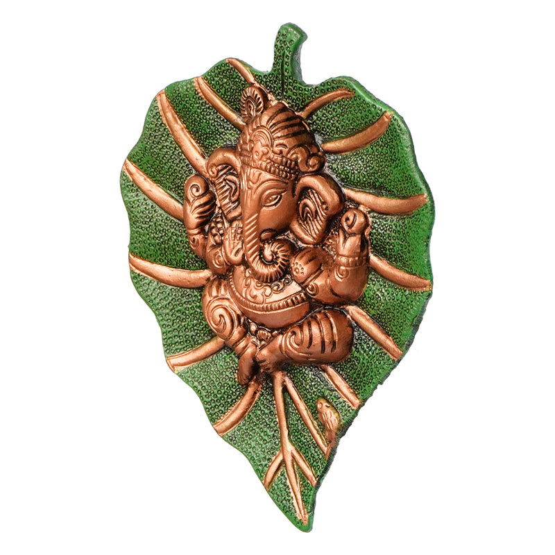 Wall Accents - Ganesha On Green Leaf Religious Wall Accent