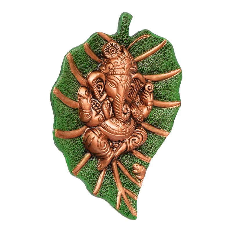 Wall Accents - Ganesha On Green Leaf Religious Wall Accent