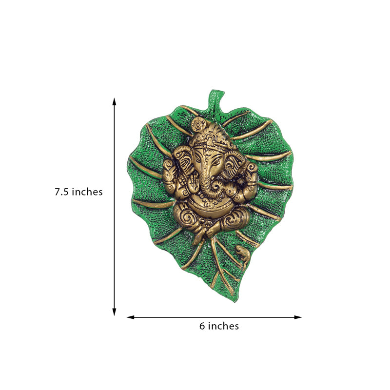 Wall Accents - Ganapati On Green Leaf Religious Wall Accent