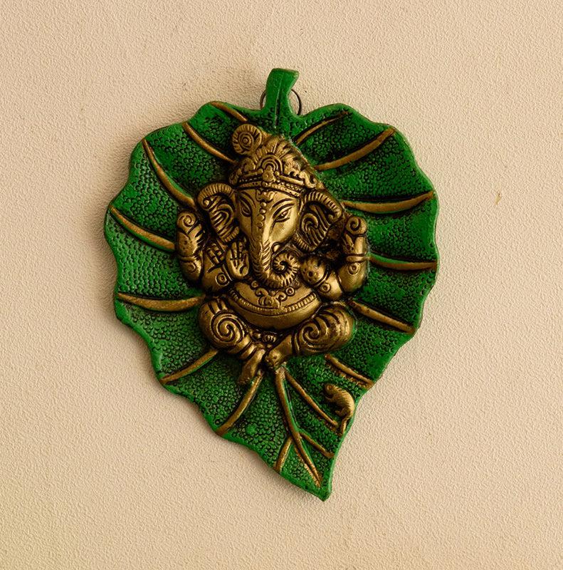 Wall Accents - Ganapati On Green Leaf Religious Wall Accent