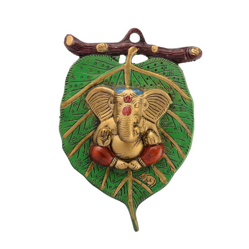 Wall Accents - Balganesha Resting on Leaf Religious Wall Accent - Green & Gold