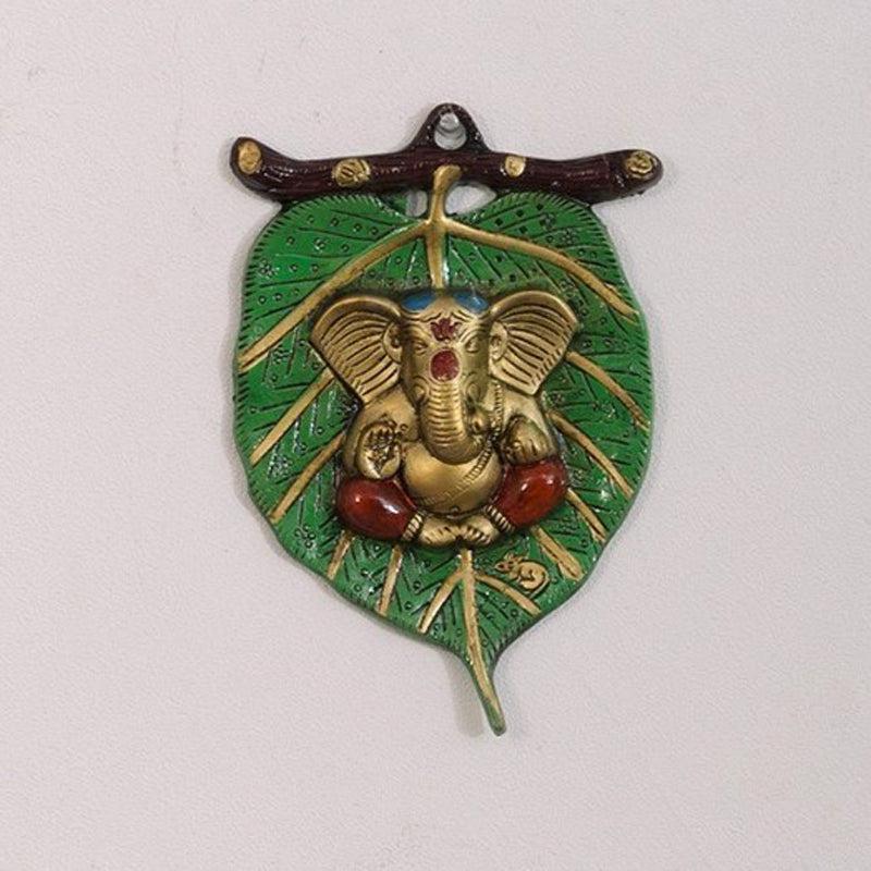 Wall Accents - Balganesha Resting on Leaf Religious Wall Accent - Green & Gold