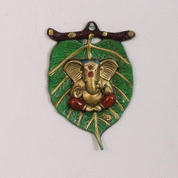 Wall Accents - Balganesha Resting on Leaf Religious Wall Accent - Green & Gold