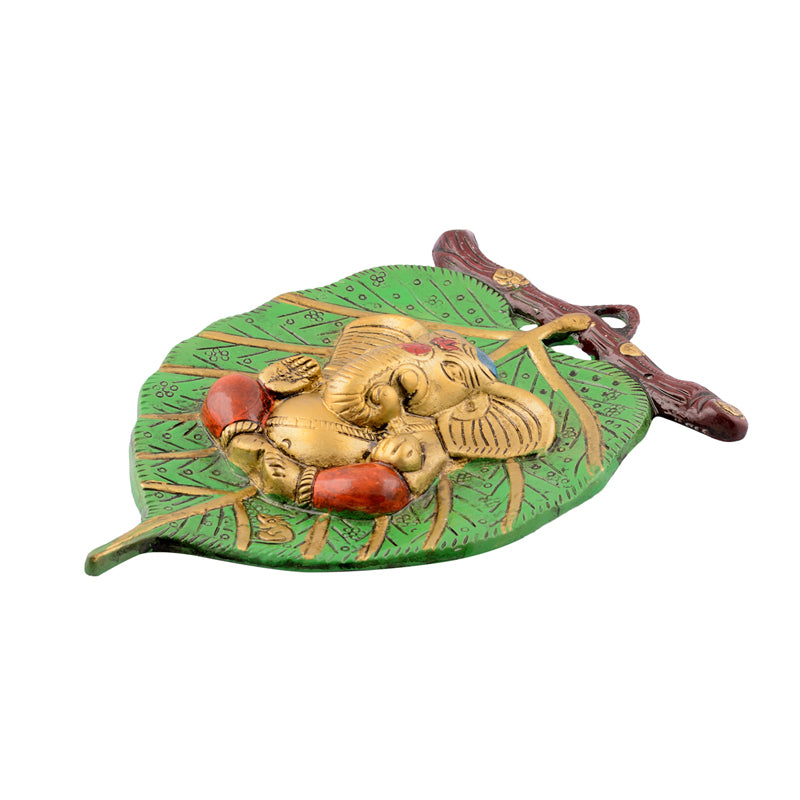 Wall Accents - Balganesha Resting on Leaf Religious Wall Accent - Green & Gold