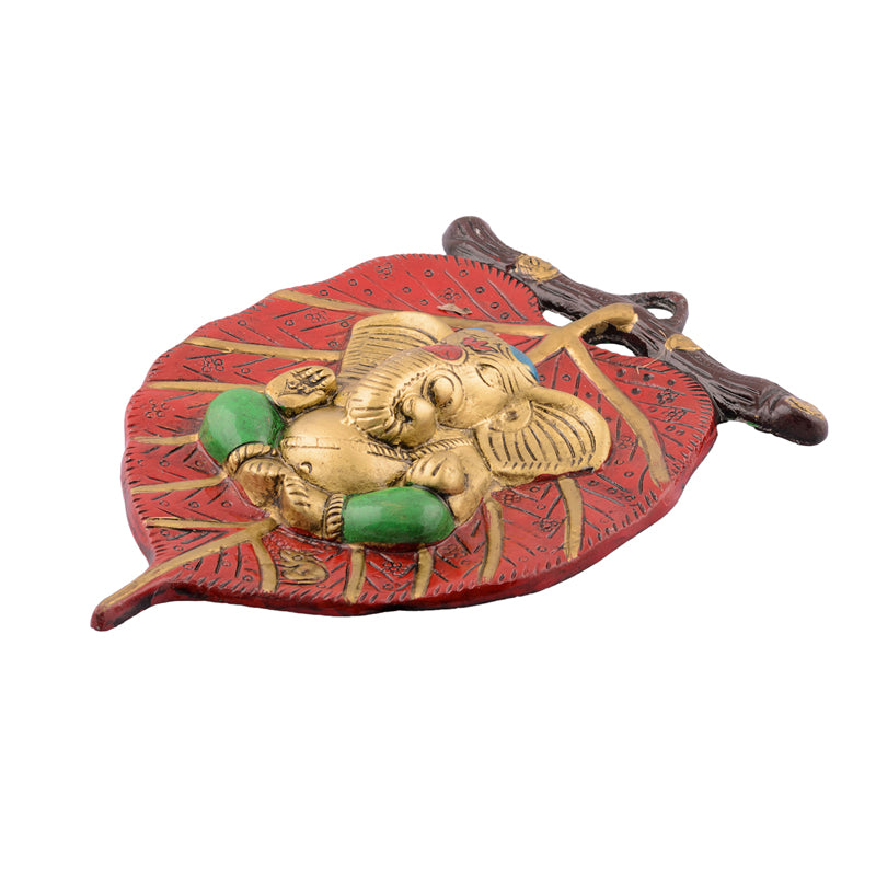 Wall Accents - Balganesha Resting on Leaf Religious Wall Accent - Red & Gold