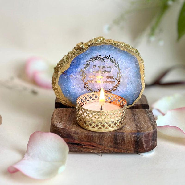 Buy Gayathri Mantra Handcrafted Agate Religious Accent With Tealight Candle Holder - Blue Candle Holders from Vaaree