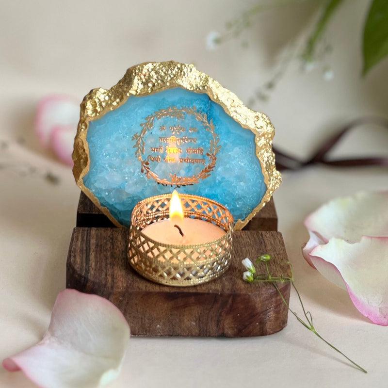 Buy Gayathri Mantra Handcrafted Agate Religious Accent With Tealight Candle Holder - Turquoise Candle Holders from Vaaree