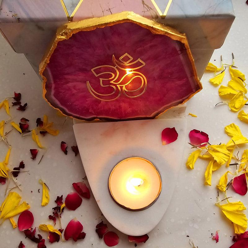 Buy Om Agate & Marble Tealight Candle Holder - Pink Gift Box from Vaaree