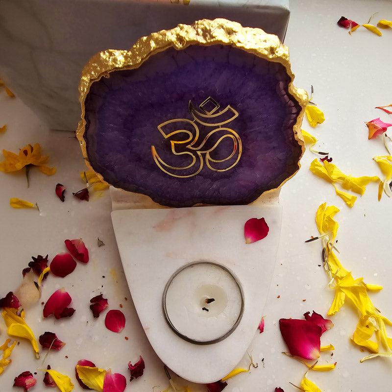 Buy Om Agate & Marble Tealight Candle Holder - Purple Gift Box from Vaaree