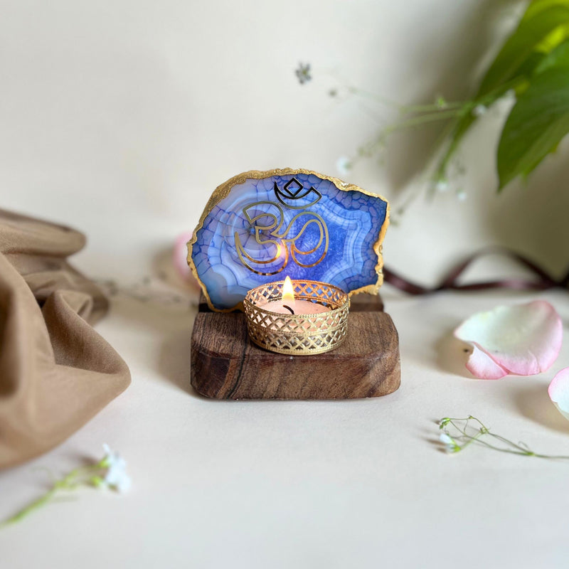 Buy Namokar Handcrafted Agate Religious Accent With Tealight Candle Holder - Blue Candle Holders from Vaaree