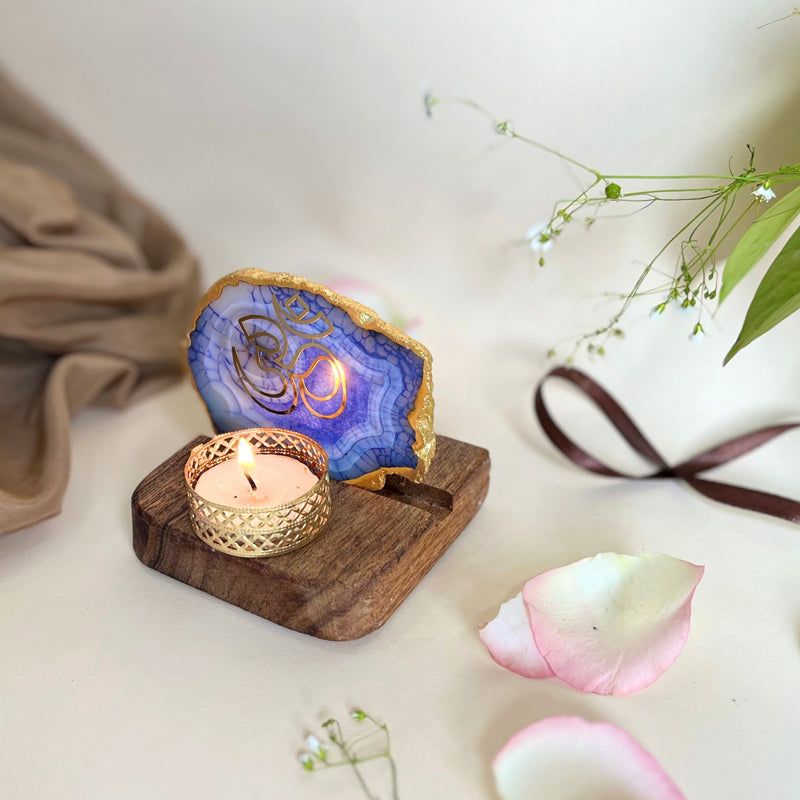 Buy Namokar Handcrafted Agate Religious Accent With Tealight Candle Holder - Blue Candle Holders from Vaaree