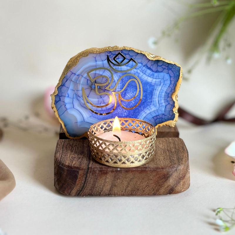 Buy Namokar Handcrafted Agate Religious Accent With Tealight Candle Holder - Blue Candle Holders from Vaaree